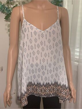 💎 Sz XL Women's White Patterned Spaghetti Strap Tank Top - Casual Summer Shirt